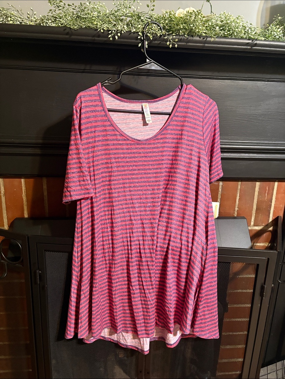 LuLaRoe Pink and Blue Striped Short Sleeve Swing Top